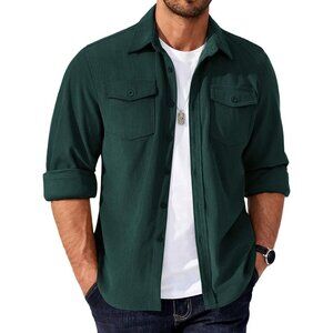Coofandy Men Lake Green Corduroy Button Down Lightweight Jacket with Flap Pocket